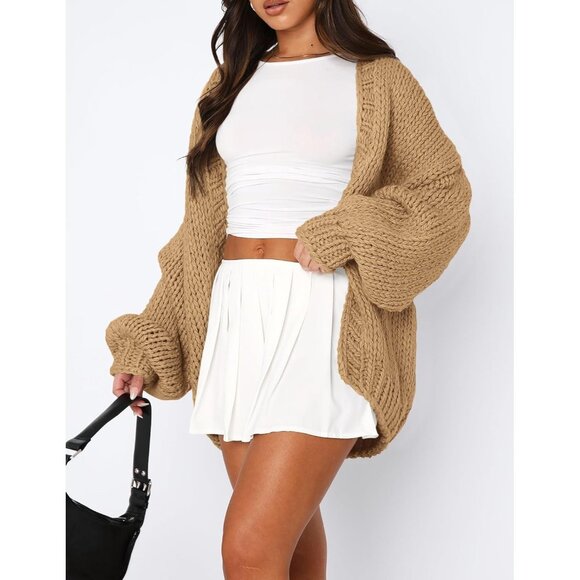 Womens Trendy Cardigan Sweaters Khaki Long Sleeve Chunky Knit Outfits - Picture 5 of 8